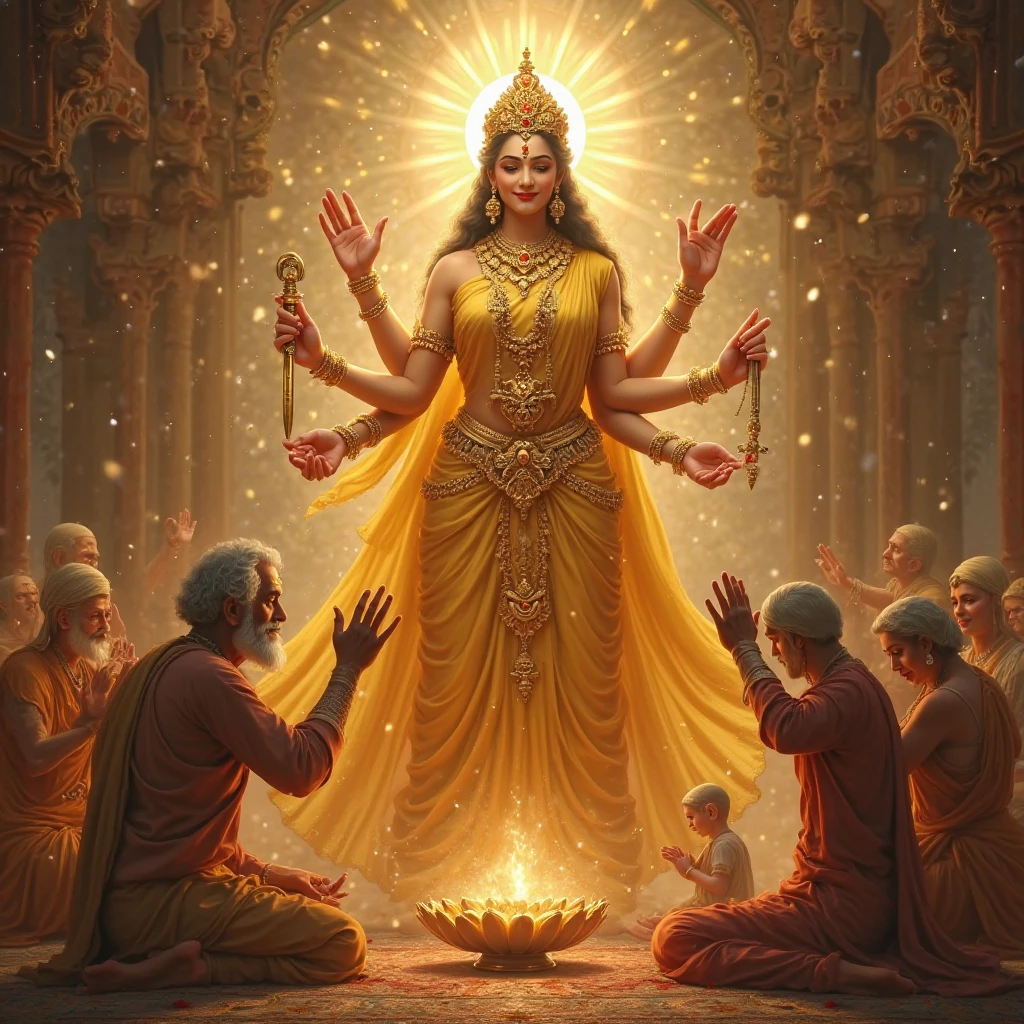 Create a image of a godess laxmi standing in house room gate and his a man bhakt standing with him