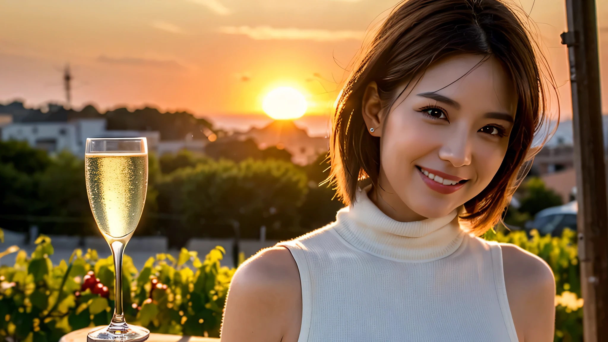 （Realistic:1.1）,(masterpiece,Highest quality)，8k,(49 years old), 53 years old, ベリーslimボディ、slimカップル、Tight waist,Upper Body,sashimi、Tempura、Japanese sake、Shochu 、Amazing view of the sunset sky and clouds、Perfect Anatomy, Brown Hair, short hair,Random Hairstyles,((Highly detailed face and eyes:1.2))，Perfect golden ratio face，Long sleeve shirt、dress,(smile:1.2)、Shortcuts、cute、(Realistic, Intricate details:1.2), A bright smile、short hair,Bright Face、Champagne、sparkling wine、(slimな顔), (The body is slim), (Brown Hair), (Shortcuts),  Upper Body, slim, wine glass, 