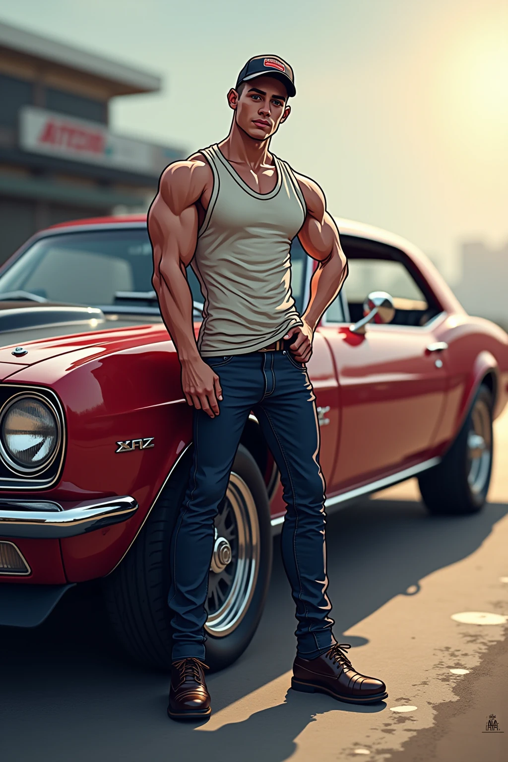 1 super hot and sexy fullbody man driving a ford old ford truck and smiling on a rural pathway Art style of leng jun and norman rockwell Specifications, Material, ultra realistic oil painting Lighting, storbe lighting, golden hour Composition, rule ot thirds composition, Details, ultra intricate detailed Colors, intense dark color palette Angle view, fullbody, ((view from front)) Age and race, a young man, latino, His face is thin face, straight nose, thin lips, square chin, large black eyes, short black, wavy hair, in roberto ferri style His body is , cinnmon skinaesthetic slim athletic body, very tall, latino, realistic skin, gorgeous, realistic detailed tonned muscles, barefoot, perfect anatomy, muscled fitness body, 195cm tall, realistic skin, skinny realistic detailed muscles, He is wearing fllip flop sandals, shirtless, pantless, He is doing the action of drinving an old ford truck , highlight the muscle definition perfect detailed feet, relaxed body lenguaje, relaxed face expresion. In the background, rural pathway farm, corn fields, cows, dogs Complements, hyper detailed scene, hd, 8k resolution, FULLBODY, 16k resolution, hd,