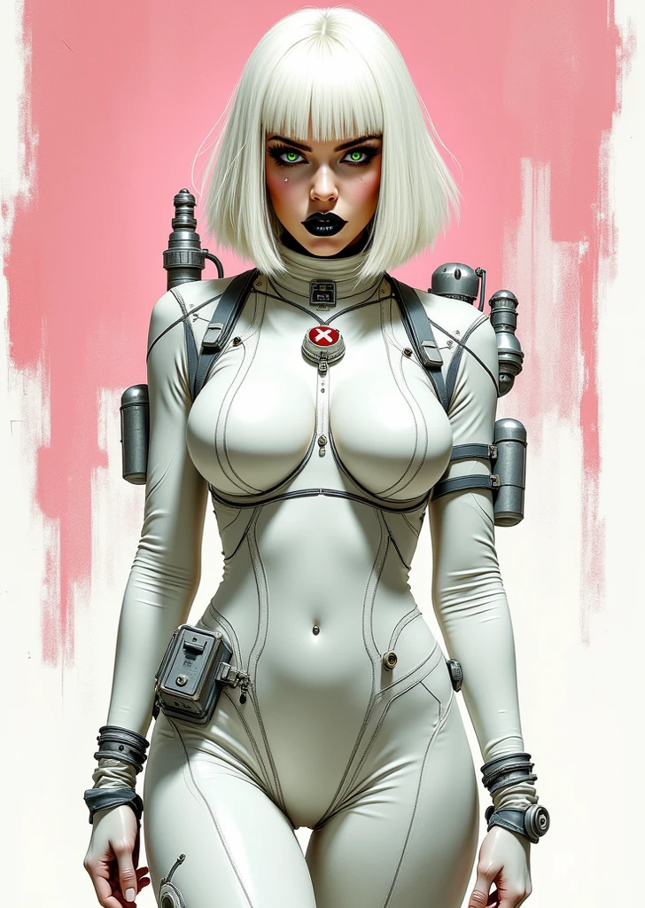((masterpiece)),(((best quality))),((character design sheet)), ((full body view)) ((cyberpunk empress)) mature face, ((middle eastern eyes:1.4)), ((silver cybernetic gown)), (((intricate futuristic breastplate))), defined cheekbones, high cheekbones, illustration, muscular, ((cyber silver:1.4)), sexy bimbo, (gigantic breasts:1.7) black hair, ((detailed face:1.4)) beautiful woman, (Chinese:1.4) (white skin:1.4) , (red lipstick:1.4), shiny skin, scribbles and marks,(puffy lips:1.4) , rough sketches, pose, 8k,16k, (simple background, white background: 1.3) ((cool color palette)), ((cyberpunk aesthetic))