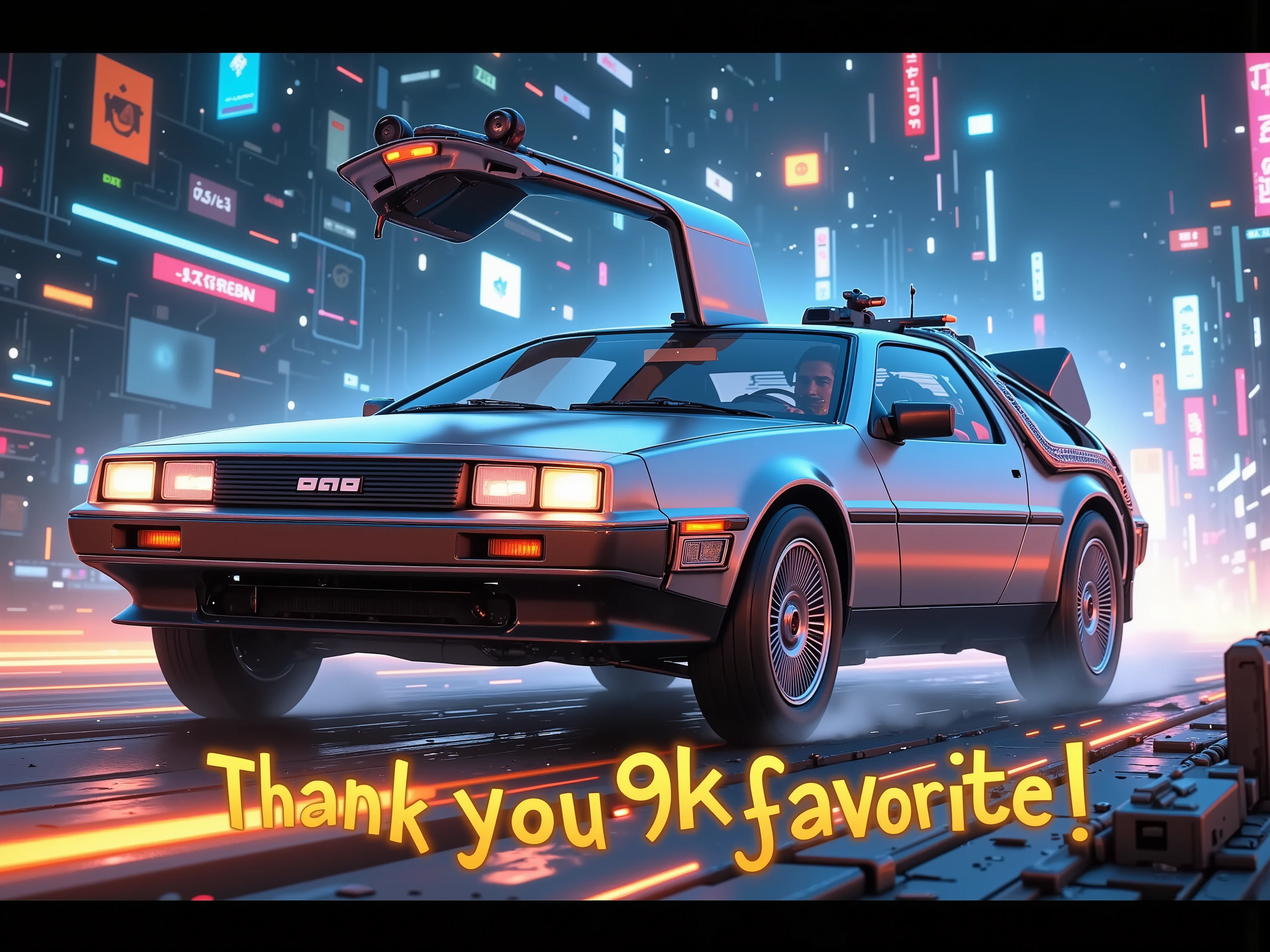 
(((article, "Thank you for 9K favorite ", Add text"Thank you 9K favorite", title logo font))) ,(Back to the Future,デロリアンが高速走行,時計塔