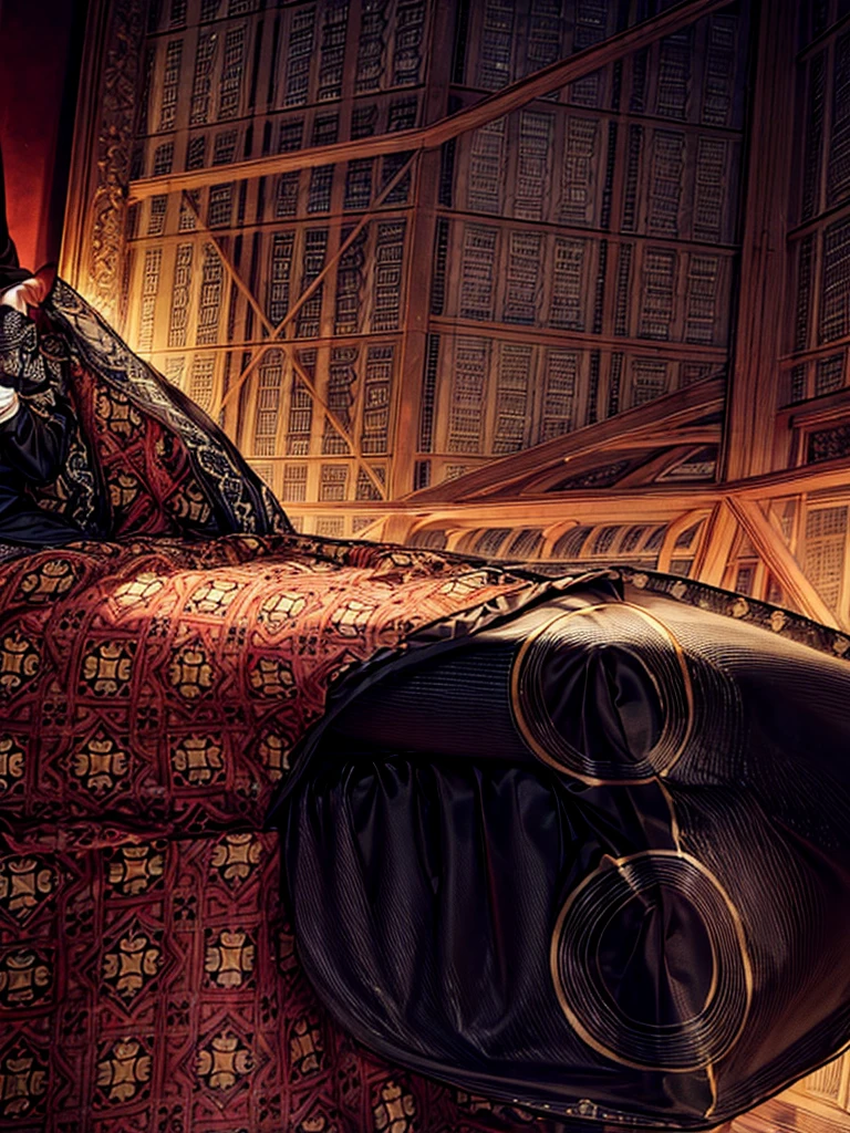 Masterpiece, full HD, Excellent quality, sexy, NSFW, sitting in bed, wearing fine lingerie, black lace, black lace stockings, Shadow of fate, long straight red hair, yellow eyes