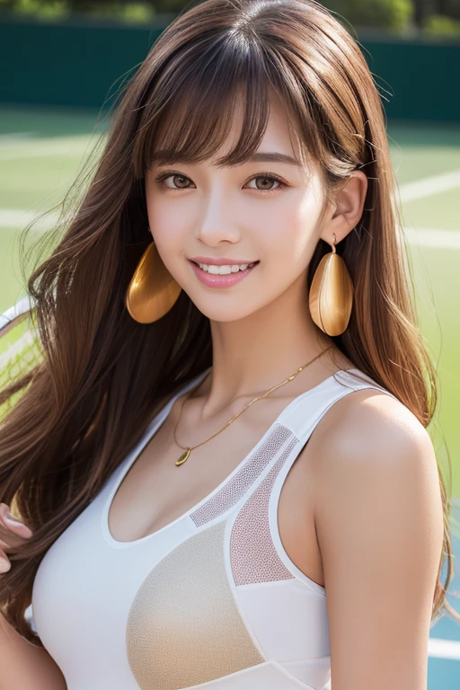 masterpiece, highest quality, realistic, Super detailed, small details, High resolution, 8k wallpaper, 1 beautiful woman, wear casual business wear, in a great restaurant, At night, light brown messy hair, perfect dynamic composition, beautiful and detailed eyes,((Hair with loose waves inside:1.2)),((gold necklace_Large earrings:1.2)),((Super long brown hair:1.2))、fullbody shot、((full figure supermodel standing, entire body in frame))、((look down at the viewer,from below:1.5))((standing tall on a tennis court in her tennis outfit:1.3)((shy smile:1.3)),