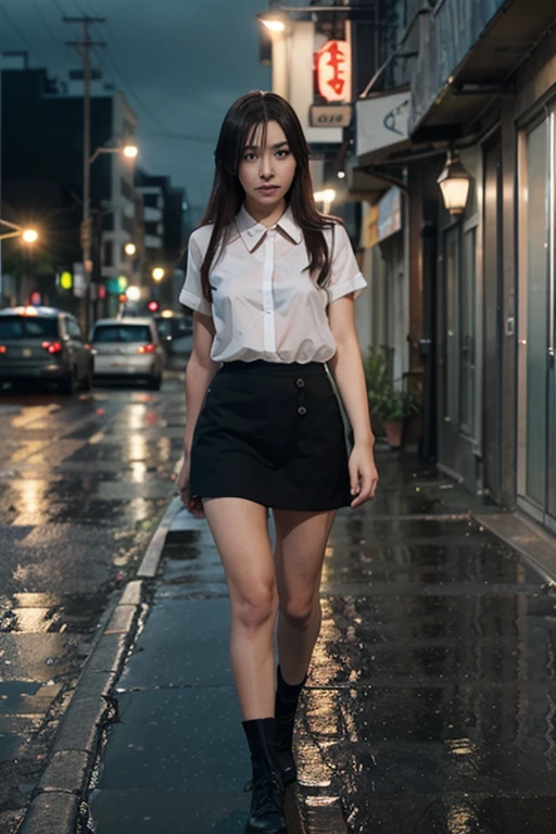 Japanese woman, mix4, silk stockings, (8k, RAW photo, best quality, masterpiece:1.2), (realistic, photo-realistic:1.37),cute,cityscape, night, rain, wet, professional lighting, photon mapping, radiosity, physically-based rendering,