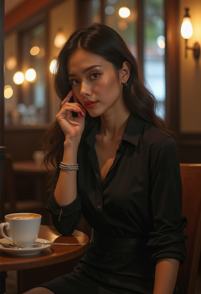 an Indonesian woman is drinking a cup of coffee, beautiful woman, graceful beauty,