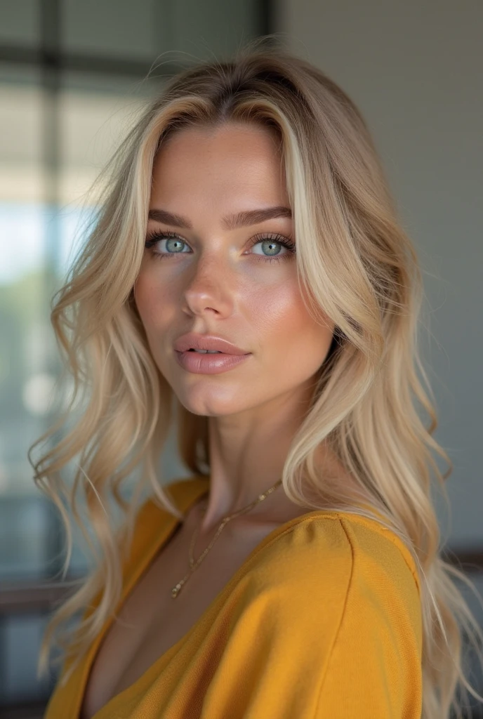 american blondy woman, dark green eyes, beautifull lips, detailed, instagram influencer, wearing gold t short