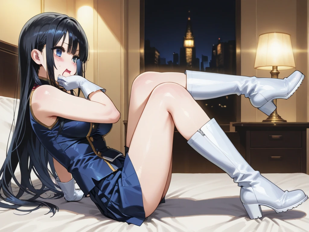 ultra-detailed, Explicit, Beautiful body, Beautiful Nose, Beautiful character design, perfect eyes, perfect face, ultra highres, 4K, beautiful legs, perfect legs, Nice hands, Perfect hand, Masterpiece, Best Quality, Highly detailed, illustration, absurdres, perfect anatomy, (((blue delmo uniform, jacket))), (((tight blue miniskirt, blue latex pencil skirt))), white stripes, extremely glossy latex, medium breasts, puffy sleeves, absurdres, highres, solo, cowboy shot, 1girl, perfect hands, (highres,best_quality,masterpiece), hair ornament, kasuga shiho, blue eyes, black hair, long hair,