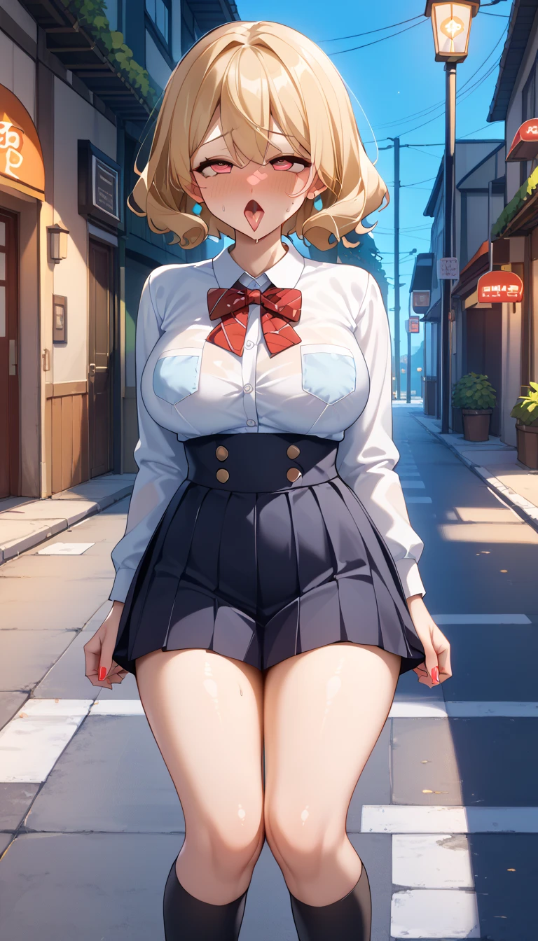 pieces fly、masterpiece、highest quality、Super detailed、High resolution、High resolution、8K portrait、Unity 8k壁紙のHigh resolutionCG、unity 8k wallpaper、cute type little:1.5、:1.5、Highly detailed CG unity 8k wallpaper、realistic、real person、cute type little、 portrait photography、shiny skin、High resolution、(:1.2)、(1 girl)、beautiful clear eyes、very detailed explanation、delicate face、nice lips、slender body、Same with big breasts thin waist、thin legs、(city road:1.6)、1 girl, cute type, perfect face, seriously, (blush:1.5),(golden hair ponytail:1.2),((there are many people nearby:1.4)),Same with big breasts,((school uniform:1.2)),(((clothing lift:1.5))), (((I have nipples))), Detailed description vagina,show vagina,spread legs,spread ,((Orgasm in the vagina:1.5))