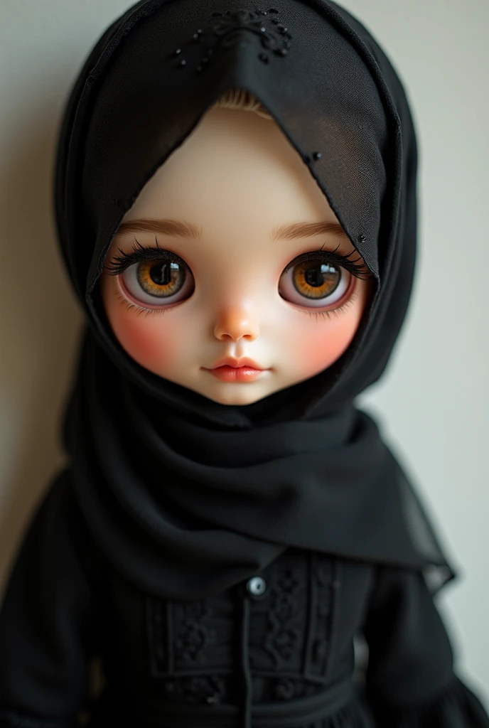 blythe doll with brown eyes and black hijab