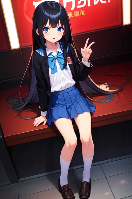 1girl in、A smile、The shirt、skirt by the、Light in the eyes、（highlight in eyes）Wink、（small tits）Chilarism、Japan High School Student Uniform、serafuku、summer clothing、（Portrait from the knee up）、