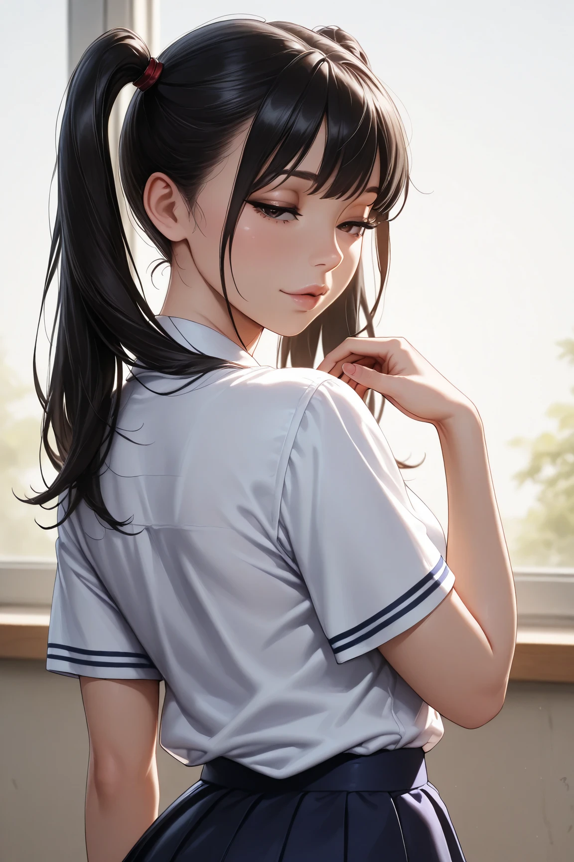 girl,expressionless,full body,from side,{(black hair:1.2),(medium hair:1.5),(straight hair:1.5),(hair between eyes:1.5)},(big breasts:1.2),(slender:1.2),break,{(white polo shirt:1.5),(white collar:1.2),(short sleeves:1.2)},break,(navy blue skirt:1.5),(pleated skirt:1.2),mini skirt,(fine eyes and skin:1.5),(detailed facial features:1.5) ,(perfect style),(beautiful face),at school