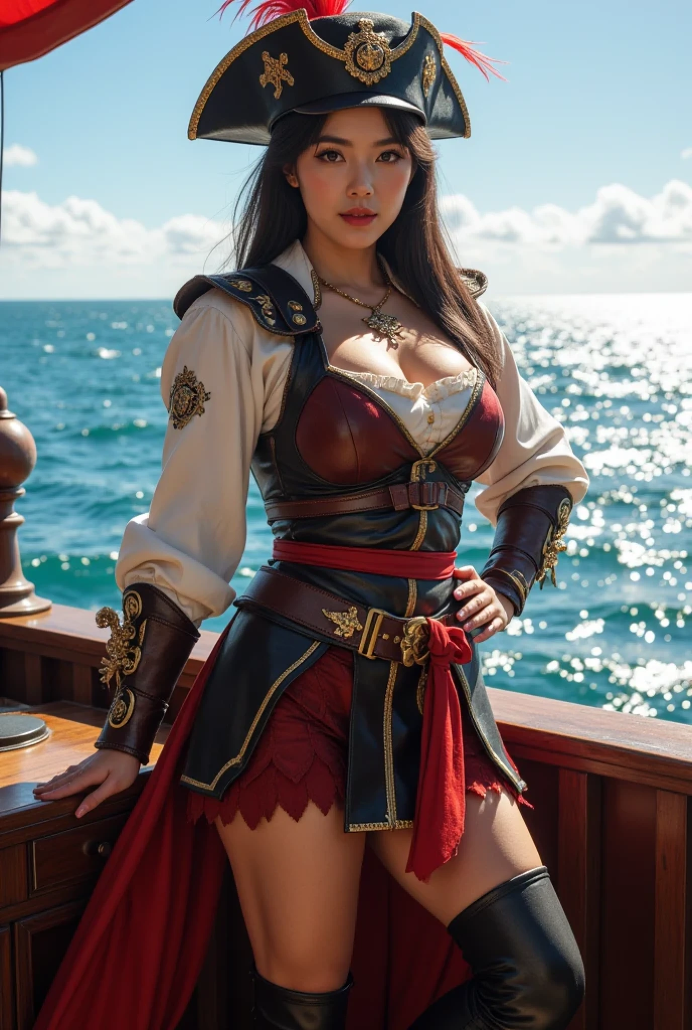 Close up portrait of strong[chinese]woman pirate captain standing[one leg is on the desk] at her ship during the sunny day of the ocean wearing pirate full costume[leather and armor] and the pirate hat with feather[decorated with gold].[strong body with manifest muscle, sweating, but stand manifestly]