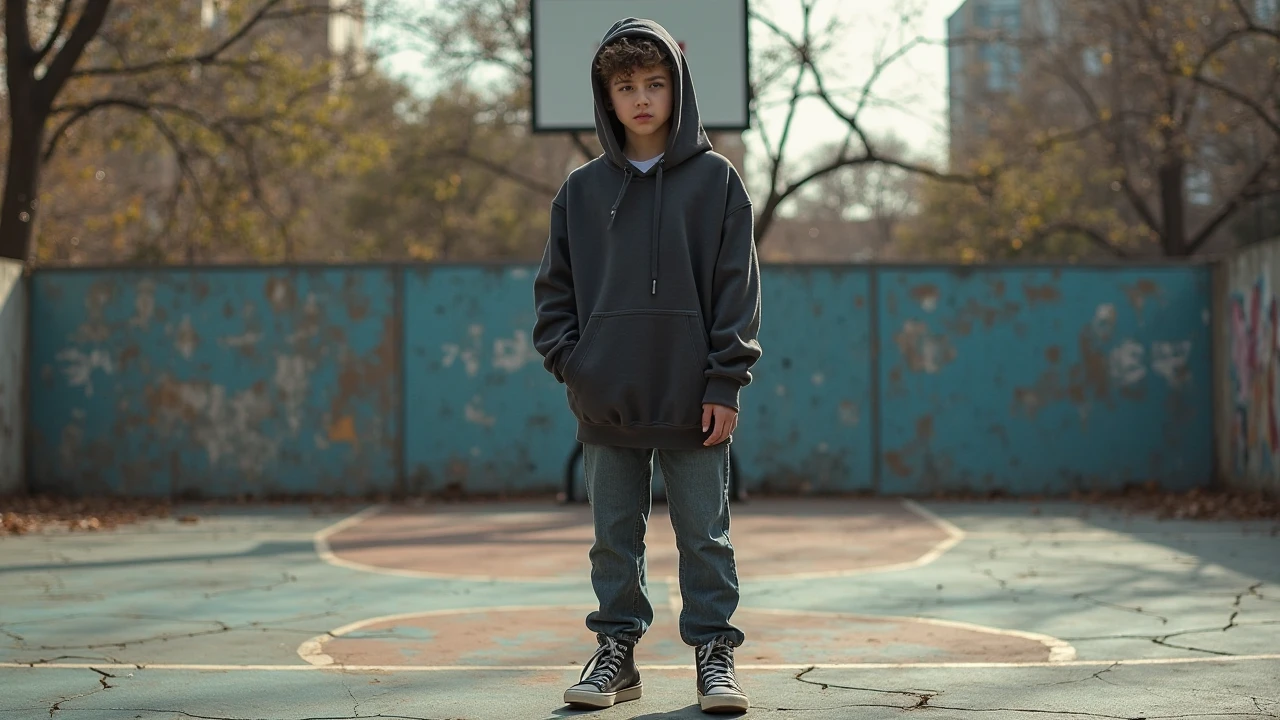 A boy in black hoodie cap not wearing and black trowzer
Background standing in road
