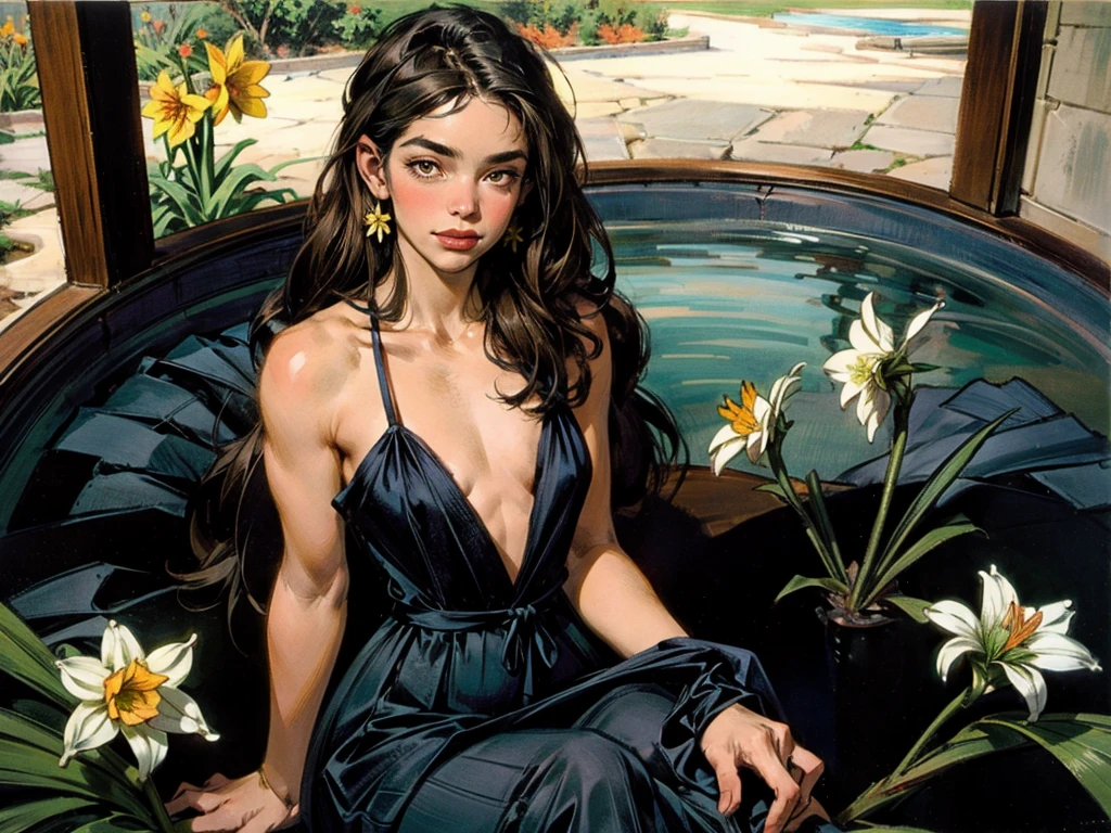Tarsila Amaral, model, watercolor, face of Tarsila Amaral, Brazilian painting, Ipanema, defined features, oil painting, green dress, long dress, formal style --auto --s2