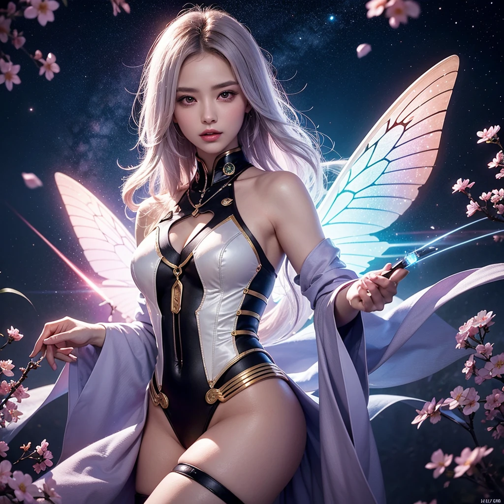 A singer , dark and radiant skin, adorned with star-shaped earrings, wearing a stunning, intricately designed outfit that shines, dragon-fly_wings wearing bodysuit made of purple|polished pink amber bright ,suspended in air,hovering in space,finished,cosmic neural network,starry galaxy in the background,(iridescente,fancy neon color ,symmetric balance,long shiny hair in white color, rainbow,fancy,ethereal,Epic