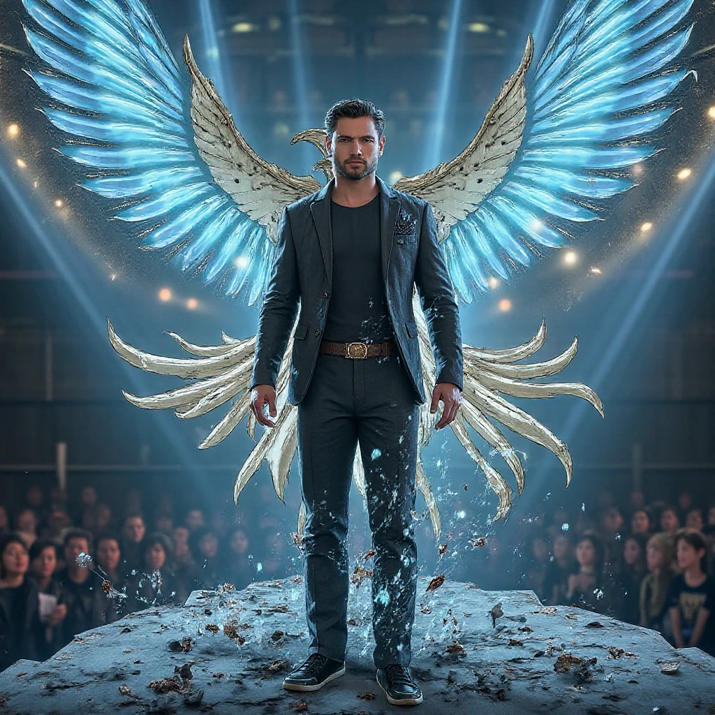 Create a strong angel protecting a man from conflicts in the office, with coworkers talking badly about him. Use blue and dark colors.