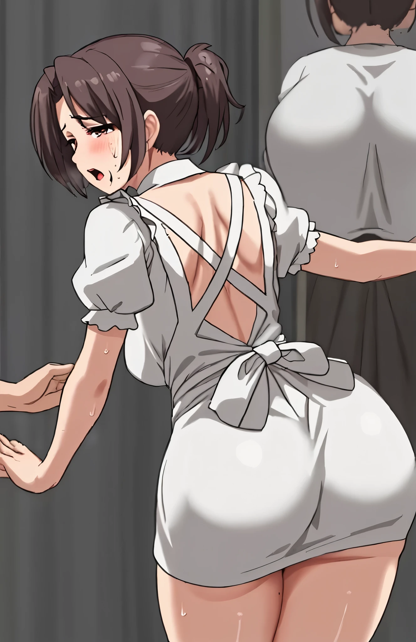 Mature Woman、ponytail、animation、back view。Very Embarrassing Figure、Photograph from below。solo、４０age、Red maid clothes、white apron。miniskirt。Very Short Skirt、Panties in full view、embarrassing look、 is sweating、I'm sweaty all over my body、I'm sweaty all over my body、、turn around、opening the mouth、with hips sticking out、1 person、