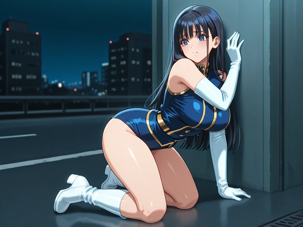 1girl, medium breasts, leotard, bare legs, gloves, boots, superhero, standing, hands on hip, city backdrop, (beautiful detailed eyes:1.6), (perfect hands, perfect anatomy), reina kousaka, smile, long hair