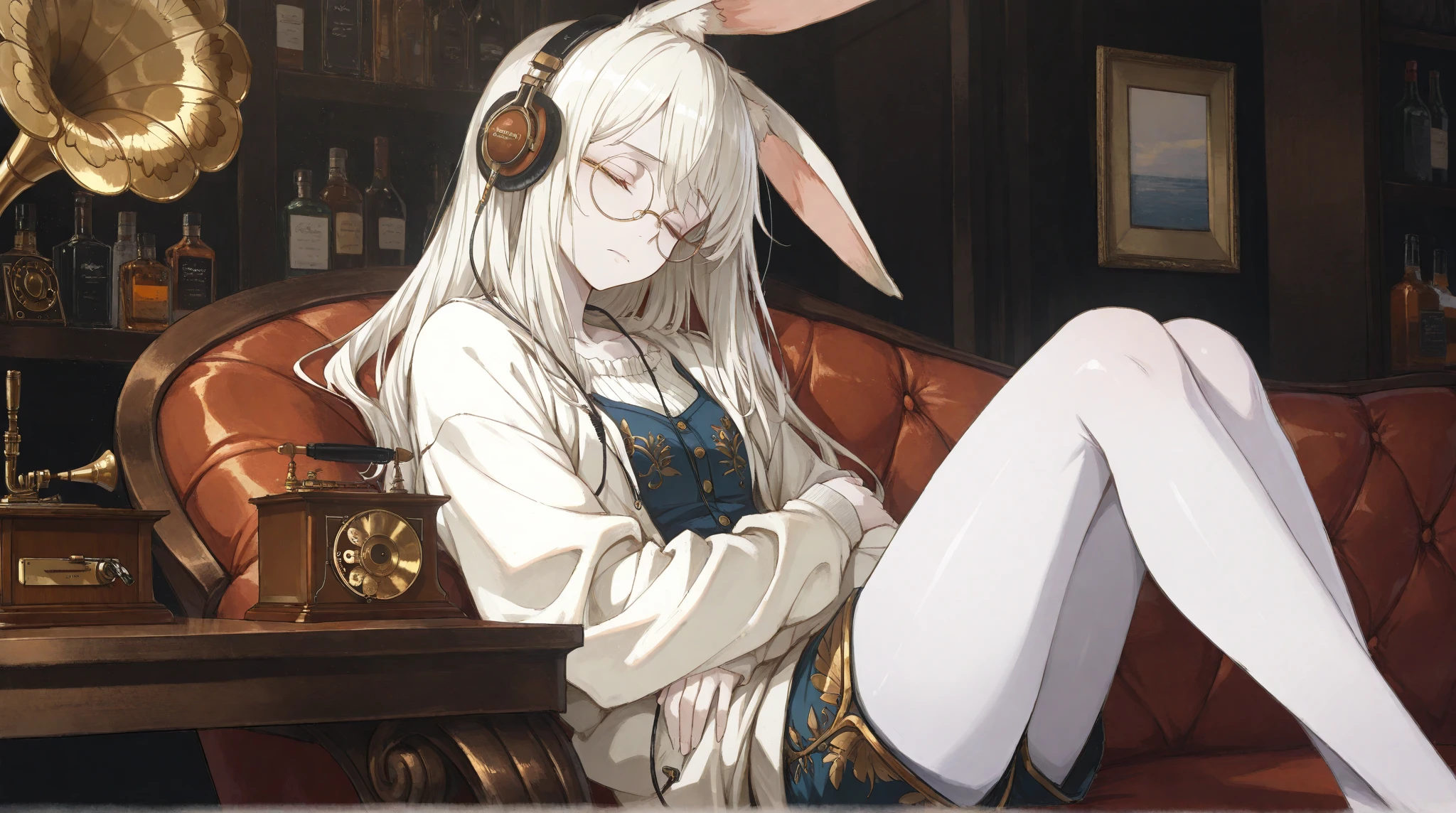 chestnut hair, A strand of white hair in the middle,black pupils,animal ears,ponytail, Right eye white glasses,White suspender stockings on the left leg, Maid tiara, leaf shaped pupils,maid outfit