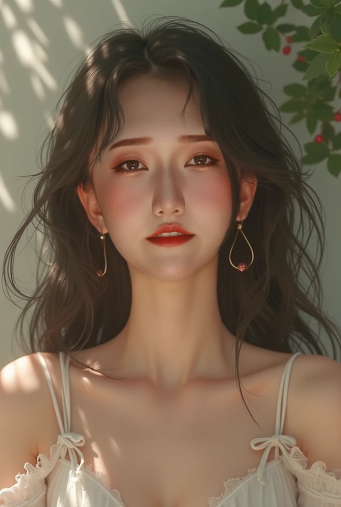 (High quality, High resolution, Fine details), Evening sunset, (Face close up: 1.2), Romantic mood, Warm lighting, Warm tones, Solo, Best fashion dressed up, Curvy woman, Light brown hair, (Closing eyes), (Kissing face and lips), Blush, Shallow depth of field