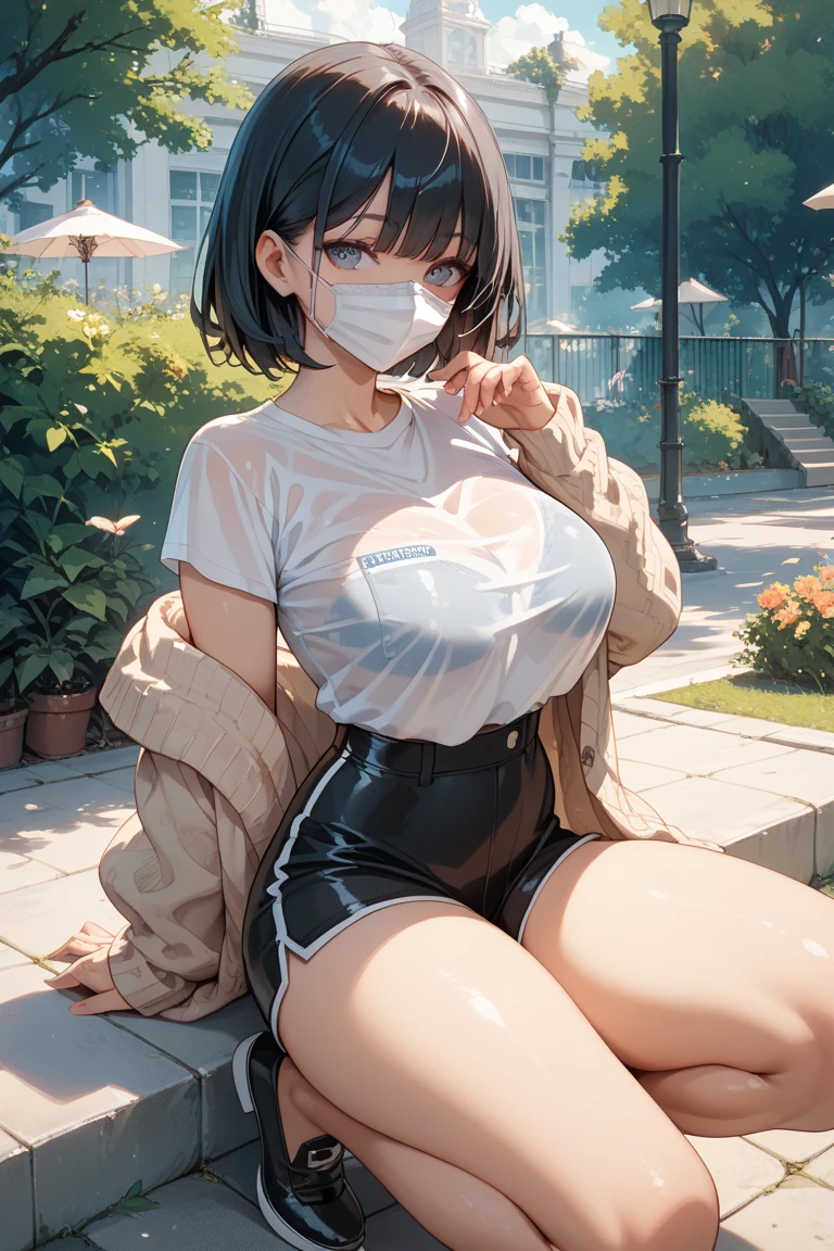  masterpiece, best quality, 1 girl, alone, a woman with a ponytail and a face mask, health beauty, a handsome face, beautiful body, long legs, white skin, fine portrayal, Ultimate Details, b,,(blush:0.5), seductive expression, extremely detailed_eyes, thick thighs, large breasts, beautifully detailed background, depth of field, long shot, shirt, pleated skirt, school uniform, sitting in chair, full body, (ambient light:1.3),(cinematic composition:1.3),(neon lights:0.1),(HDR:0.1),Accent Lighting, black school socks, Dance, in classroom backgrounds,