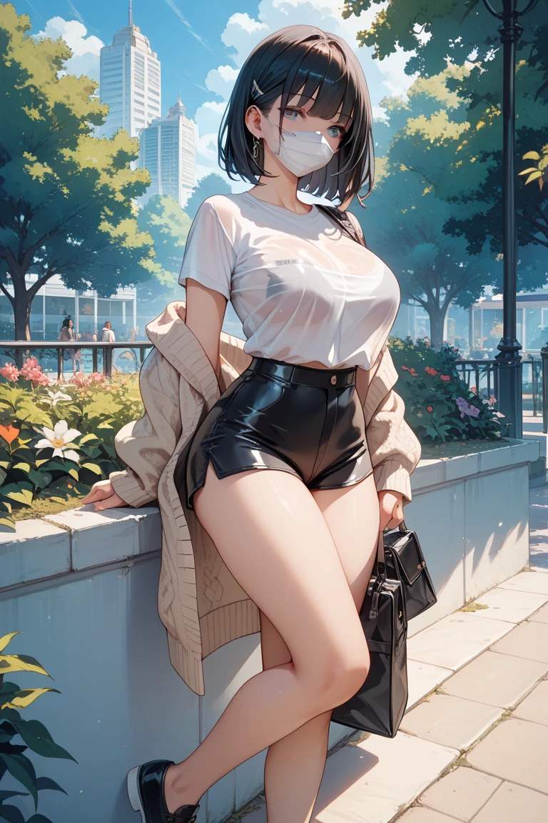 Maximum quality、Membros completos、dedos completos、uma linda mulher、Linda mulher peituda、Mulheres com cabelos lisoulher de cabelos castanhos、Top de malha laranja com gola alta e sem mangas、White shorts、black pantyhose、Um grande sorriso、Street trees、shibuya