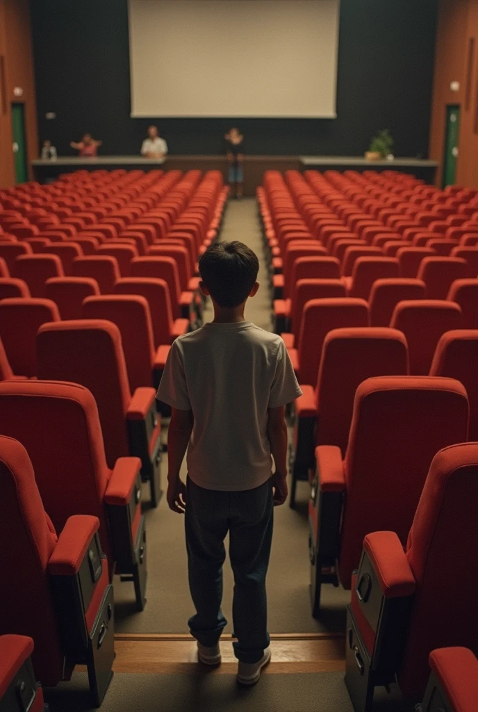 Boy running towards a thermos of water in an auditorium