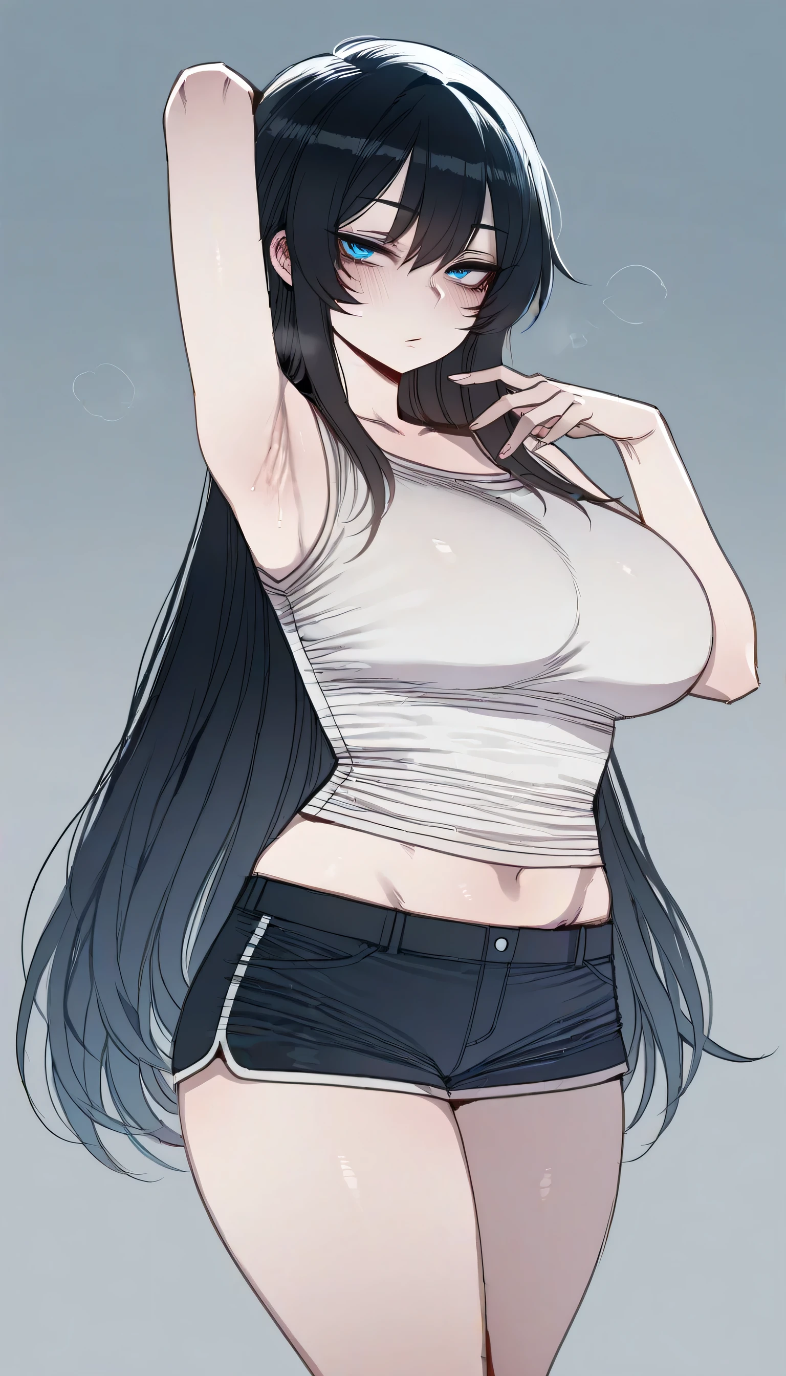 Young women,Black long hair,big eyes,Beautiful face,Wearing a black loose T-shirt,Having male genitalia,The hem of the T-shirt covers part of the lower body,Male genitals push up the shirt,Kneel in front of the mirror,Hands grasp the chest,Breast deformation,Fingers sink into breasts,Expression of surprise and confusion,Stick out your tongue,White fluid leaking from chest,Red cheeks,Slight sweating。