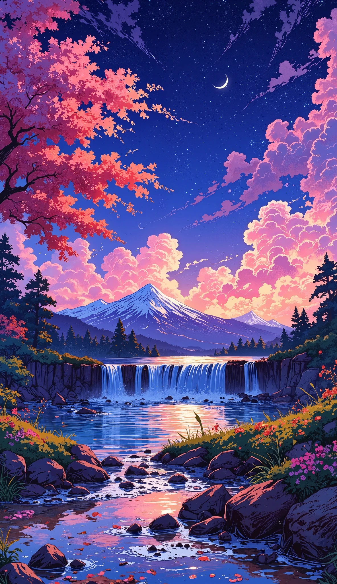 "A breathtaking anime-style landscape at twilight, featuring a vast, serene lake reflecting the vibrant hues of the sky. Majestic mountains with snow-capped peaks rise in the distance, partially covered by soft mist. A lush cherry blossom tree with glowing petals sways gently in the foreground, its petals drifting into the air. Fireflies illuminate the scene with a magical glow, while a gentle waterfall cascades into the lake, creating a dreamy ambiance. The sky is a mesmerizing blend of deep purples, pinks, and blues, filled with twinkling stars and a crescent moon. The artwork is highly detailed, with soft lighting, a painterly aesthetic, and an enchanting, peaceful atmosphere."
This prompt should create a stunning visual that you can animate into a motion video with subtle effects like moving petals, rippling water, and twinkling stars.