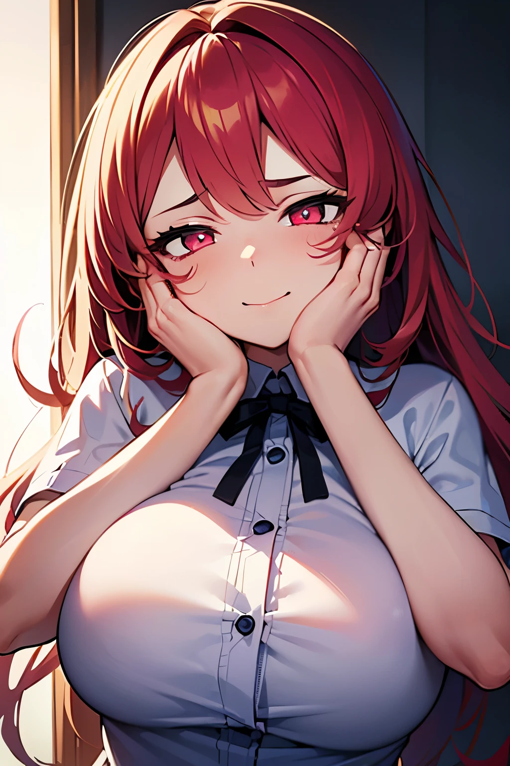 masterpiece, Best Quality, Illustration, Ultra-detailed, finely detail, hight resolution, 8K Wallpaper, Perfect dynamic composition, Beautiful detailed red eyes, shirt, pink wavy hair, big breasts, sneering, a 18 year old girl, (kawaii:1.3), (Beautie:1.2), Sexy shot looking at camera, sidelong glance, glares, sullenness, Downer, make up, (hands on own cheeks:1.7), (恍惚な表情:1.5), crazy smile, portrait, (yandere:1.4), (glowing eyes:1.3), 少し開いた口