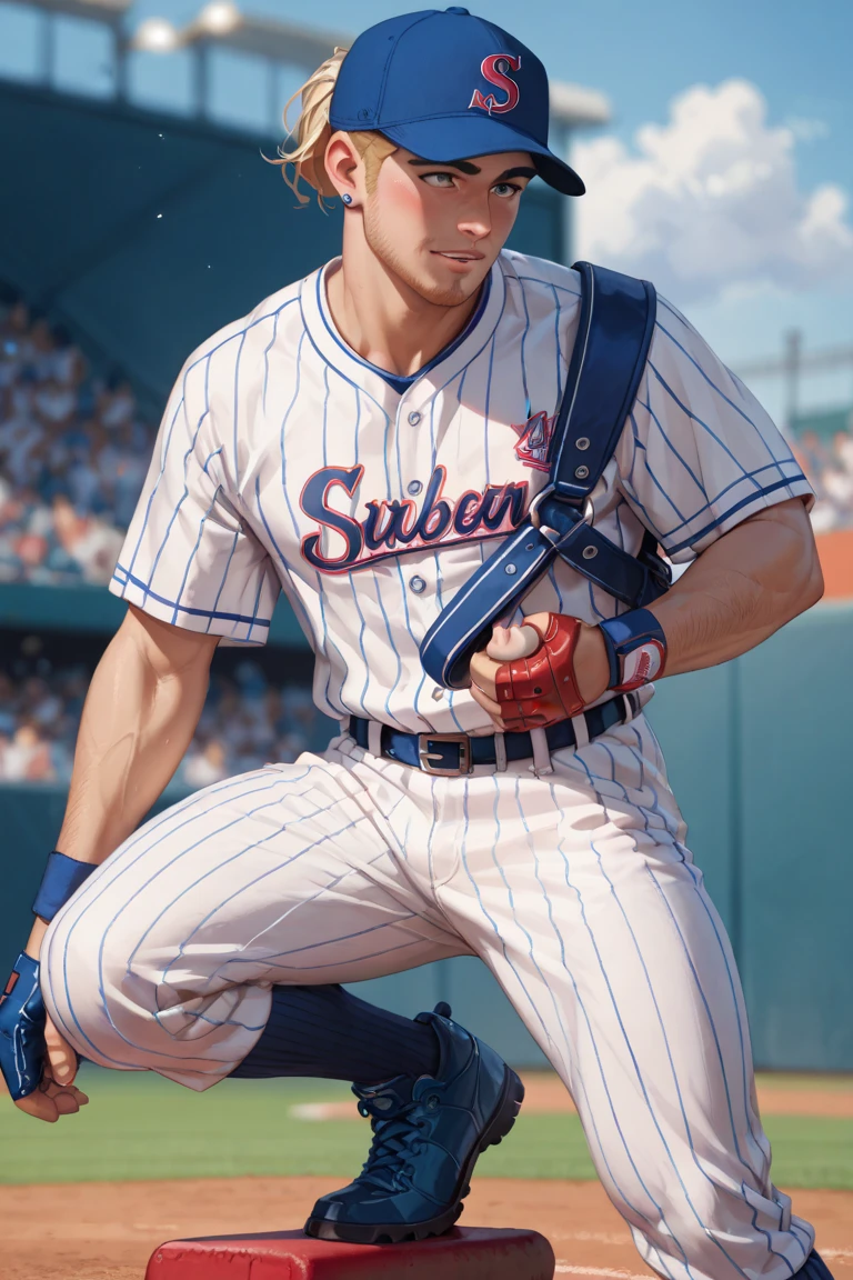 caucasian man, muscular man, bad boy, handsome man, baseball player man, man with black and short hair, baseball outfit, baseball uniform, baseball uniform blue, ultra realistic