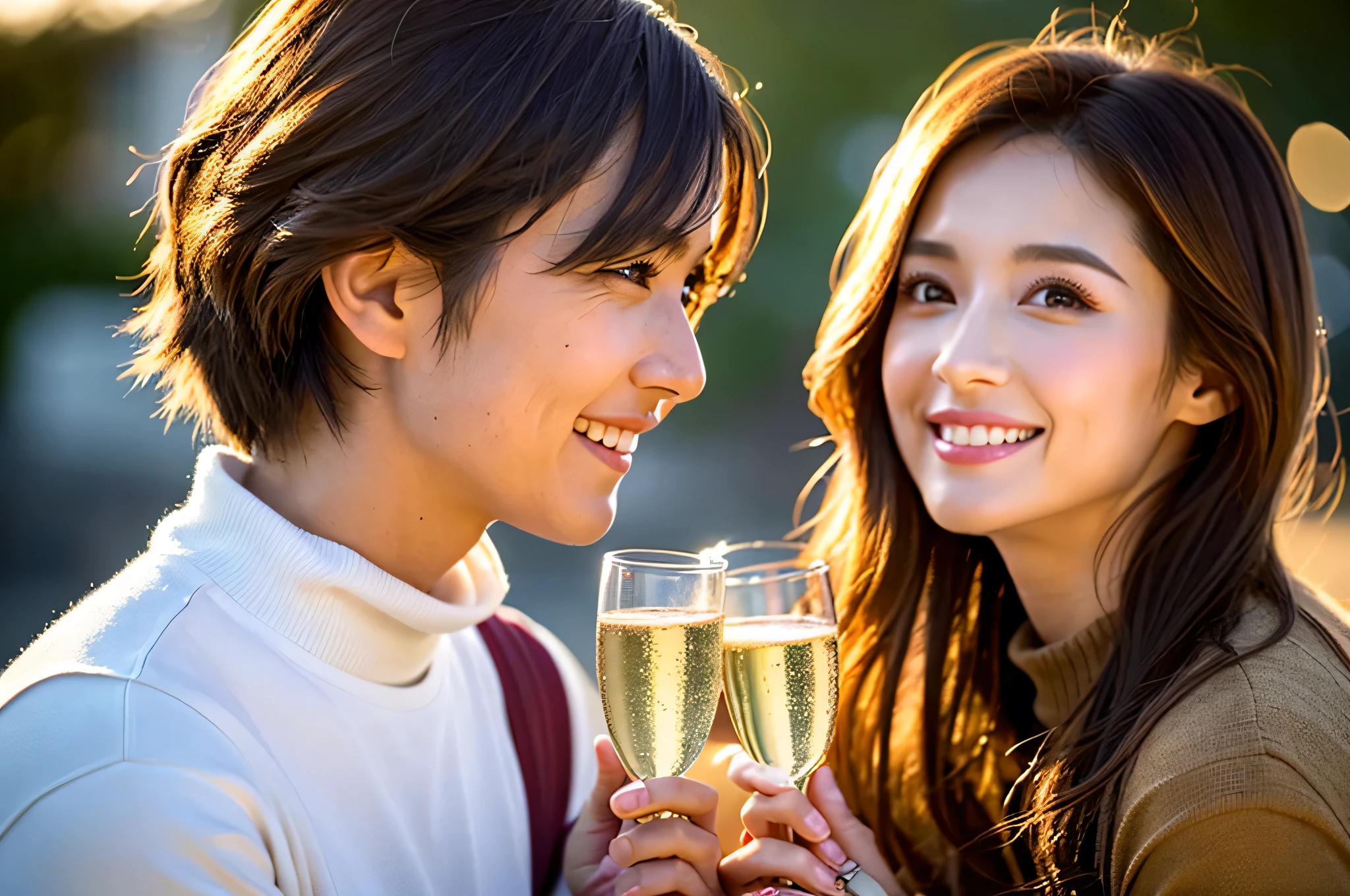 ((champagne))),(( wine glasses)),Wine Party,(White Wine)),((    wine glasseses)),(realistic, 超realistic:1.4), 16K high image qualityR, high image quality ,((White Wine)),happy smile、 Age 33,Age 31, Japanese,beautiful couple ,short hair,  has the best smile around my eyes、Brown short hair,japanese actress,upper body,upper body,  Turtleneck dress,There is a beautiful sunset in the background,volume lighting, realistic proportions, ( Spectacular Sunsets ),super realistic 肌,5 Pretty Fingers   ,   Super beautiful expression       ,fantasy art,  Character Art , cloud effect  :1.2、Full Rendering、プロ品質のhigh image quality,slim figure,Very Detailed Faces,very elaborate eyes , beautiful lips,   Superior Light Particles   , Cinema Light,Compensate,超high image quality,Ultra-realistic Skin,