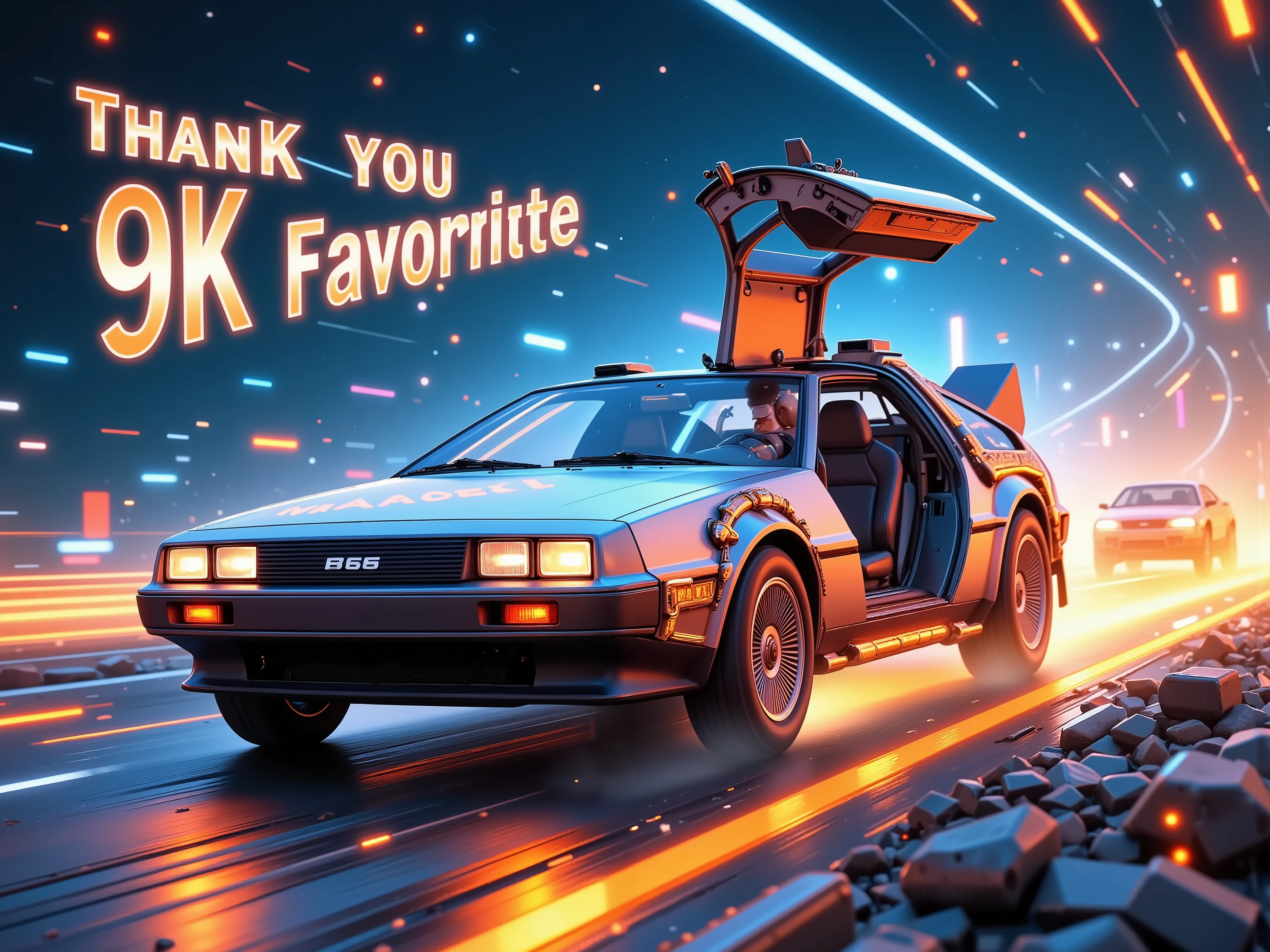 
(((article, "Thank you for 9K favorite ", Add text"Thank you 9K favorite", title logo font))) ,(Back to the Future,デロリアンが高速走行,時計塔