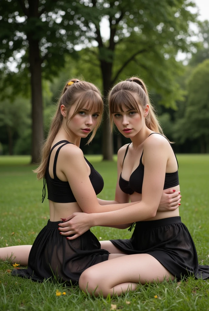 Two identical (((19 year old twin girls))) tied up in rope bondage on a playground, tethered to bench, ((topless)), (((small breasts))), hands behind head, ((full body shot)), ((arms up)), ((wrists tied)), ((shy)), ((face blushing)), ((choker))