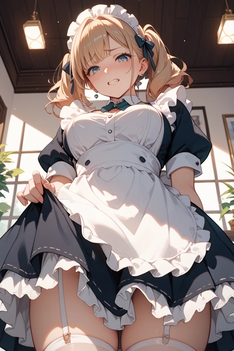 nsfw,1 person,Sweat,White Breath,solo,,Pokémon,Lillie,Groin bulge,Maid clothes,Valley visible,Leaning forward,room,Masturbation