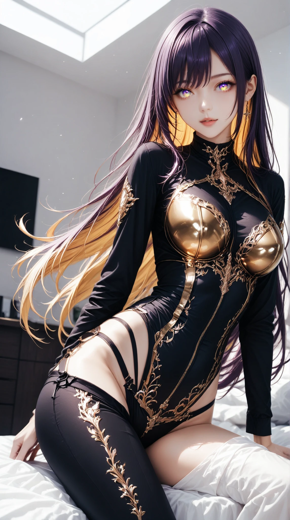 8K, Ultra High Definition, Super detailed, Shiny detailed hair, detailed face, fantasy landscape, solo, looking at viewer, {{best quality}}, {{masterpiece}}, {{ultra-detailed}}, {detailed light}, ultra high quality eyes, detailed eyes, perfect eyes, large eyes, detailed yellow eyes, beautiful lips, green hair, long hair, beautiful, skinny body, white skin, slutty, erotic, suggestive, in a sexy purple-metallic sequin party dress, ((nsfw))