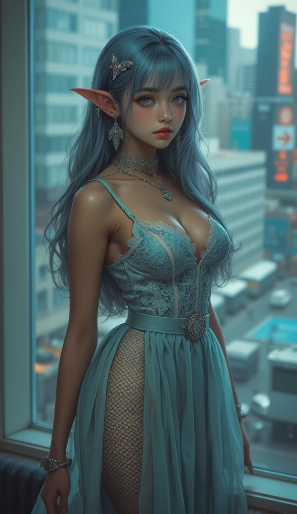 female idol、Full body esbian、smiling face、Lipgloss、very large necklace (turquoise blue and light green)、Very large earrings (turquoise blue and light green)、shiny latex tight mini dress(turquoise blue and light yellow)、colorful hair (turquoise blue and light yellow)、conceptual art, high quality, realist, Extremely detailed 8k unified CG wallpaper, Very detailed, High definition raw color photographs, professional photography, realist portrait, cinematic light, Beautiful detailed, super detail, High details, (((bokeh))), Depth of fields, lightning, Neon Street, Super stylish lighting、