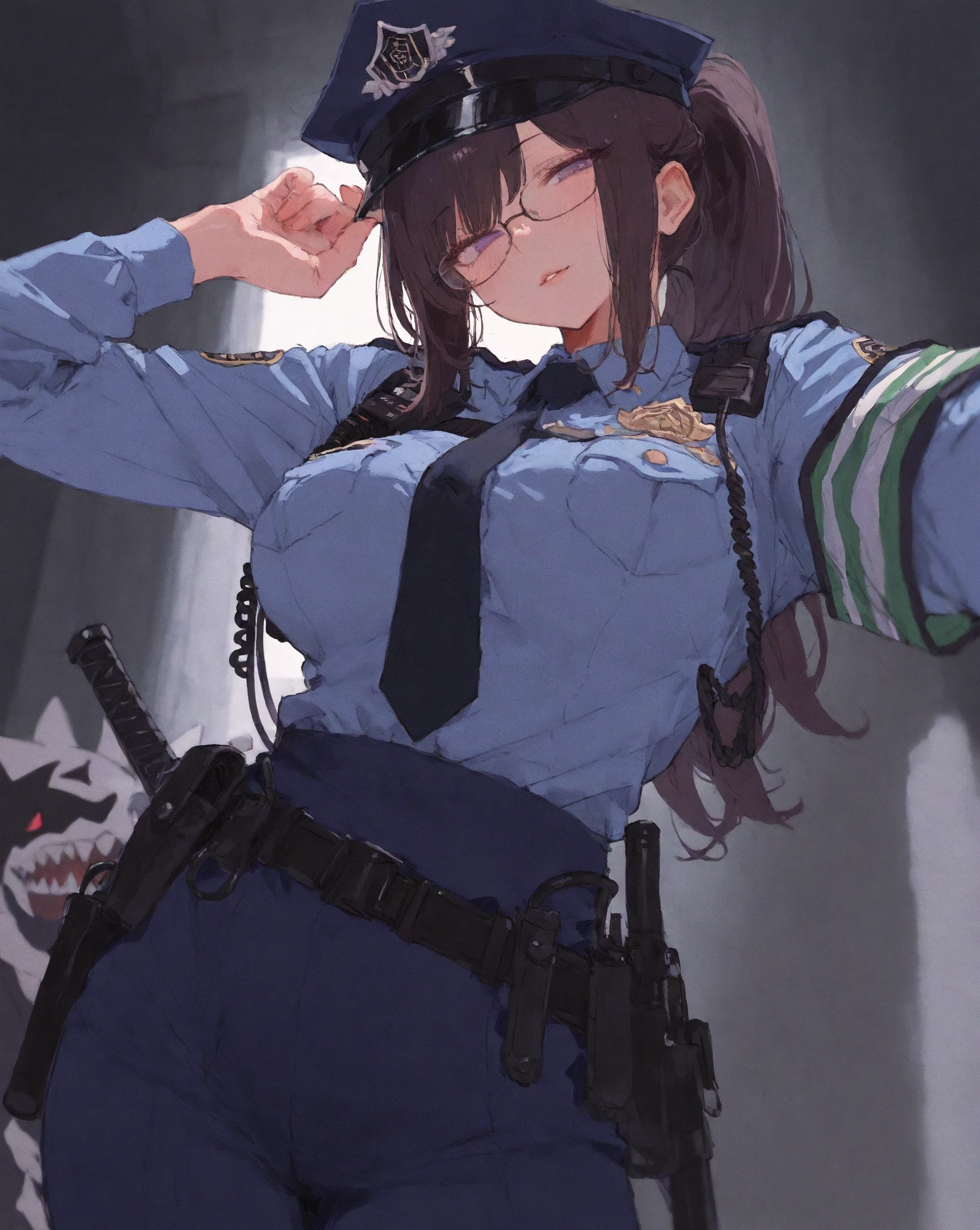 8k, best quality, masterpiece, tifa lockhart, large breasts, cleavage, looking at camera, (tifa lockhart outfit), red_eyes, black hair, long hair, black hair, red iris, scolding viewer, full body shot, 1girl, solo, outside, pointing a gun directly at the viewer, white tanktop,
<lora:LoRA:1>skistyle, (blue fbi cap:1.1), fbi