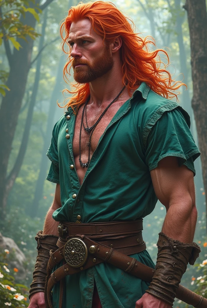 there is a Chris Hemsworth with long red hair standing in a field, long ginger hair, flowing ginger hair, red beard, long ginger hair windy, red head, beautiful hairy humanoids, orange skin and long fiery hair, ginger hair, long fire hair, male art, ginger wavy hair, wild ginger hair, reddish beard, red haired goddess, braided beard redhead dreadlocks