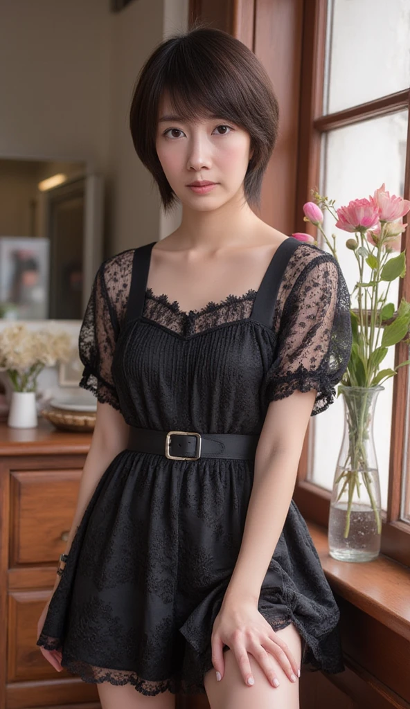 cowboy shot、messy hairstyle with bangs、black hair、Trailing hair、((widow))、black long sleeve mourning dress、(((Japanese style room)))、(((funeral)))、black formal wear、highest quality,(RAW photo:1.2)、(realistic:1.4),(High resolution:1.4), 1 girl, written boundary depth,, intricately detailed,8K, very detailed, perfect lighting, epic background、((delicate pictures))，(の詳細なRAW photo),(highest quality:1.6), (超High resolution:1.5), (realistic:1.75), 8K resolution, Canon EOS R5, 50mm,  Super detailed,cinematic lighting,correct finger、sit、((spread legs))、((skirt lift))、Dark blue panties、pearl necklace、Pearl Earrings、Clothes that do not show the chest、