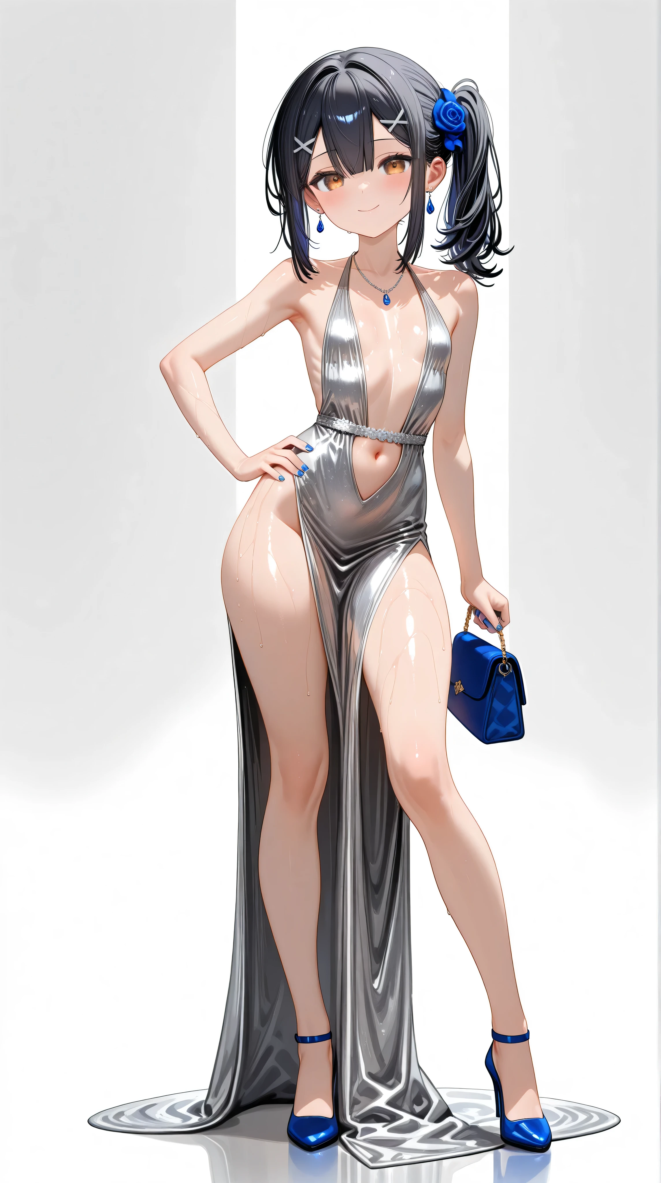 ((best quality,4k,highres,masterpiece:1.2)),((character concept art)), 1 female, Spanish, age 29, ((sun-kissed skin color, dark brunette hair)), and the body of a seductive flamenco dancer (busty, slim fit curvaceous body). She is ((wearing a sparkling silver flamenco-inspired dress with a fitted bodice, plunging neckline, cinched waist, and a voluminous skirt)). The dress is made from luxurious satin, embroidered with delicate lace, adorned with Swarovski crystals, and completed with a long, dramatic train. The back dips down to a low V, adding allure, and a high leg slit enhances the overall sensuality of the ensemble. She pairs the dress with Christian Louboutin high heels. Her gaze is intense and alluring, reflecting her captivating personality and intriguing background, (standing gracefully), (full body showcase), (show full body), (no logos on background), (no logo), ((plain background)), ((plain background)), (((empty background))).