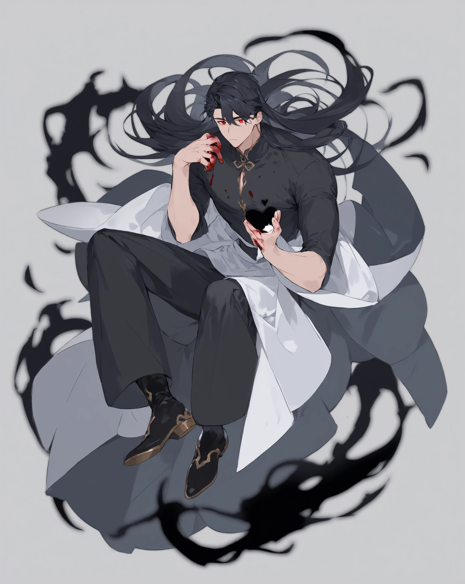 Masterpiece, male 1, raven hair, tousled hair style, pale skin, black T-shirt, gray jumper, yellow eyes, a dagger in his right hand, a dark shadow around him, defensive stance, murderous gaze, fangs like of beast, a spider on his left shoulder, a tear of blood in his left eye, a medallion with the symbol of the shield of Bael on his neck,