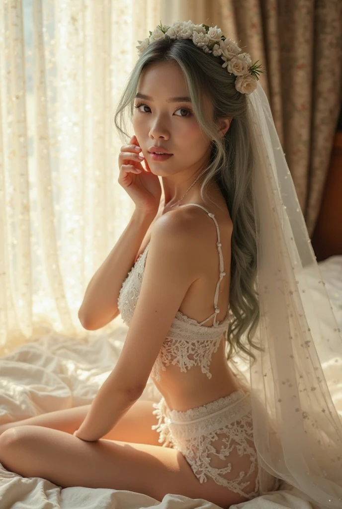pink lace thong&Good, (((Very elegant and beautiful, Perfect detail, Super detailed))), whole body, The most detailed girl, Depth of written boundary, 美しく詳細なwhole body, Thin legs, 1 girl, 30 years old, Very short hair, Spiked Hair, Gray and silver hair, Beautiful detailed hair, Perfect Face, Expressionless, Beautifully detailed deep eyes, Open your mouth a little, Delicate arms and hands, Pale skin, Earrings, Beautiful and gorgeous necklace, Colorful background, HD background, Blurred Background, Very delicate and beautiful, Masterpiece, (((Highest quality, Very beautiful 8K CG wallpaper))), (((Trendy hairstyles))), (Inside the room,Stylish interior,window),