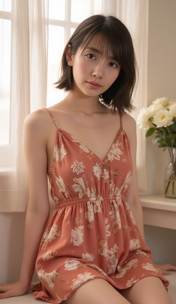 ((medium shot)),(wearing sundress:1.3),(bedroom of lovehotel), japanese lady, pale skin, droopy eyes, 28 year old,(brown hair),standing, high quality:1.3, shoot from below,Professional lighting:2.0 realistic:1.2, 4k resolution, detailed skin, masterpiece:1.1,smile,(chubby body),(nipples poking through clothes:1.1),camel toe,nipples,(hairy pussy:1.3), seikomatsuda,
