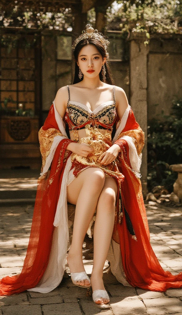 ((THE MOST BEAUTIFUL GIRL IN THE WORLD),(LIGHT SKIN GIRL), (AGE 14 YO), (LARGE BREASTS CAN NOT BE VIEWED BY VIEWER), (SEPARATED CLEAVAGE),(CUTE SMILE LIPS PARTIALLY OPEN SEE TEETH),realistic:1.3), Crazy details, quality, (Masterpiece:1.2), (ภาพrealistic:1.2), (qualityที่ดีที่สุด), (Beautiful skin:1.3), (There are complicated details...), Ray tracing, ((Full body)), ((ผู้หญิง 1 person)), (((1 person))), 18-20 years old, ((stand)), ((long hair, for a very long time., ปล่อยlong hair)), ((small waist)), ((Long legs, beautiful thighs, Thin)), smile, ((red chest covering)), red coat, red striped skirt., Contrasting colors with dresses and skirts..., ((Show off one beautiful shoulder..)), ((โชว์Long legsสวย)), skirt pattern, earring, necklace, Javanese jewelry, ((Breast cleavage)), ((big breast)), ((Beautiful breasts)), ((เสริมbig breasts)), ((full chest)), ((big breasts)), Long legs, white skin, charming, sit, (blurred background),