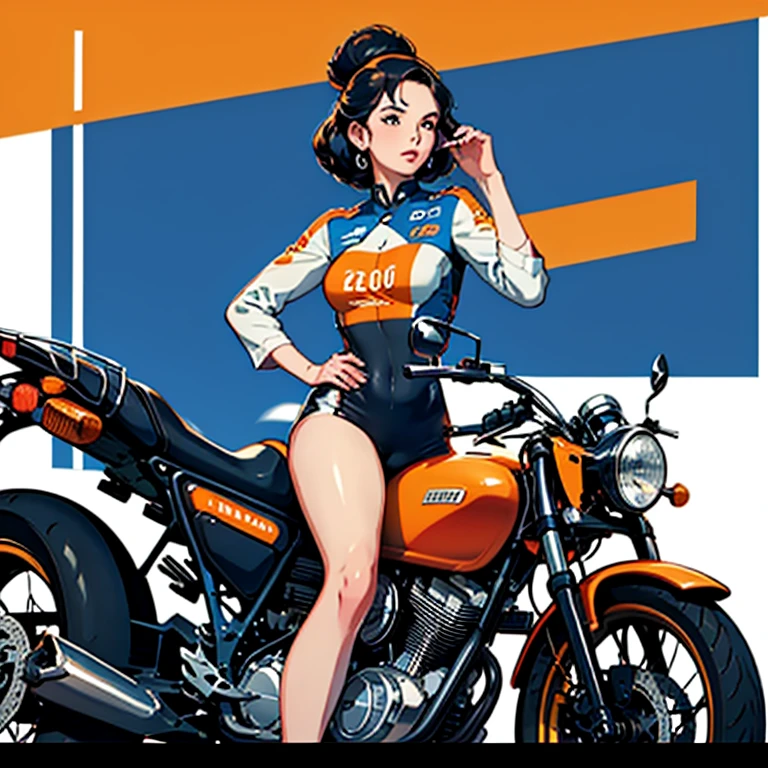 Ducati Bikes、Front-opening black leather rider suit、Beautiful girl with long hair、Riding a motorcycle、The front of her cleavage is visible、The zipper goes down to the navel、Mine Fujiko、Perfect Style、