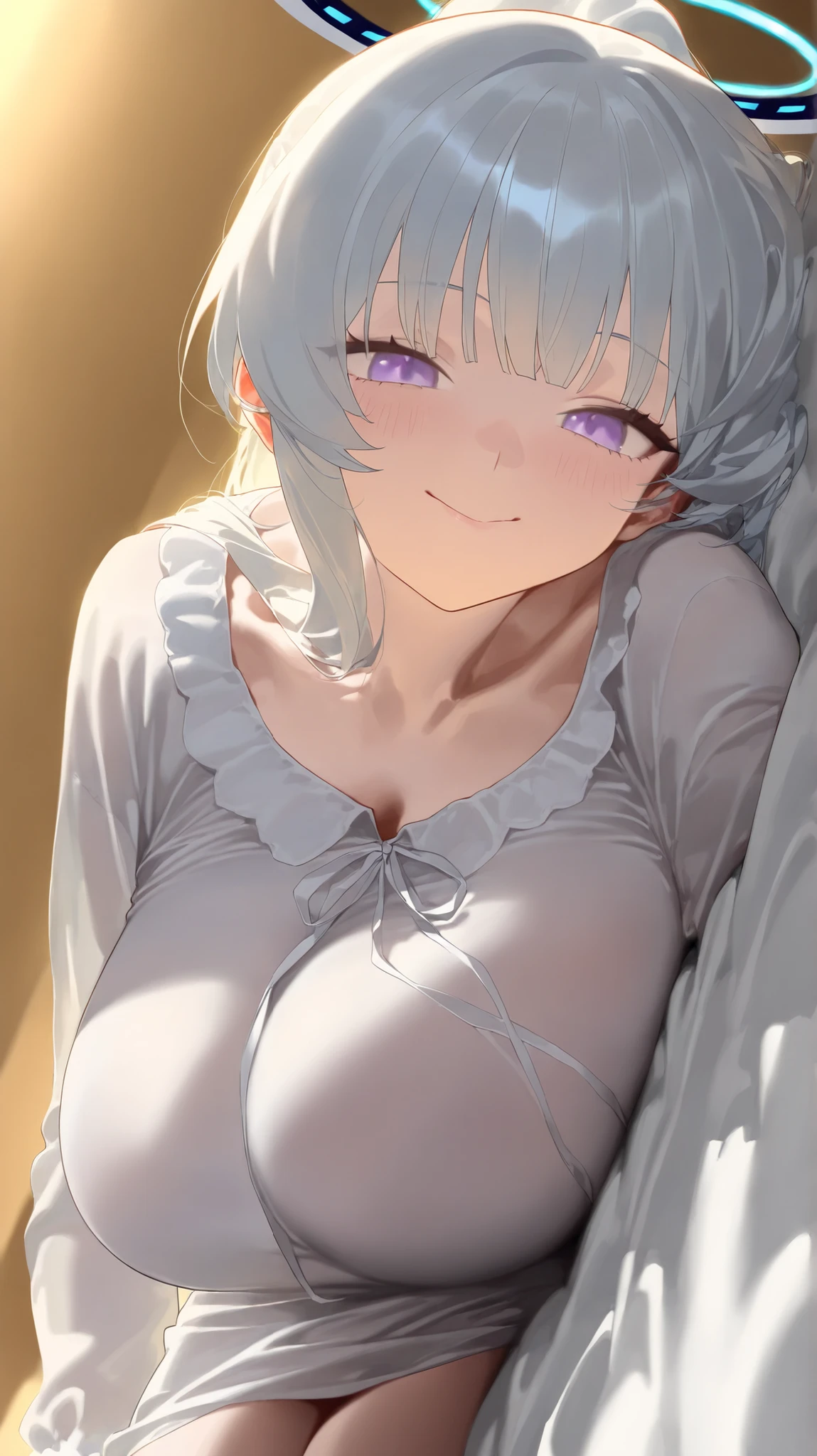 1girl,noa \(pajamas\),purple eyes,halo,white hair,white dress,ponytail,
year_2023,foreshortening,highres,high definition,absurdres,amazing quality,best quality,masterpiece,very aesthetic,masterpiece,simple background,
indoors,cowboy_shot,see-through clothes,looking at viewer,close-up,macro_shot,seductive_smile,naughty_face,,(),love hotel,dark,lambent light,sitting on bed,cinematic_angle,from_side,