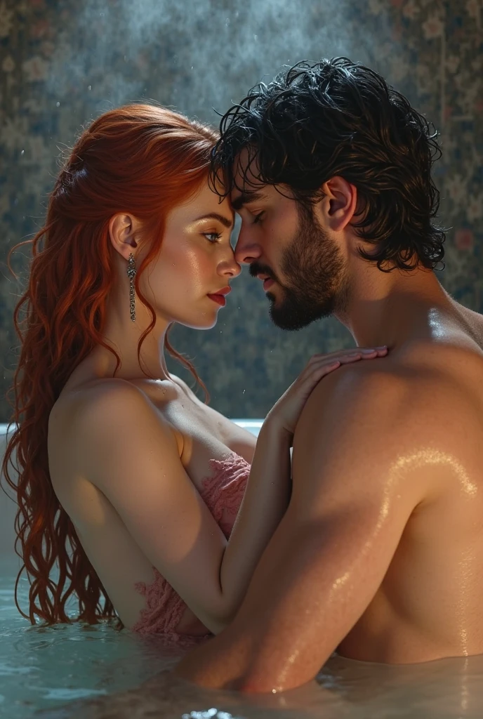 A young woman, pale skin, vibrant maroon long wavy side-parted hair, red/black bra and red/black panties. Towering behind her, an extremely tall Mediterranean-Native American man with black short wavy swept-back hair, fit body, hands on her waist. Inside a underground dark bedroom, low lighting