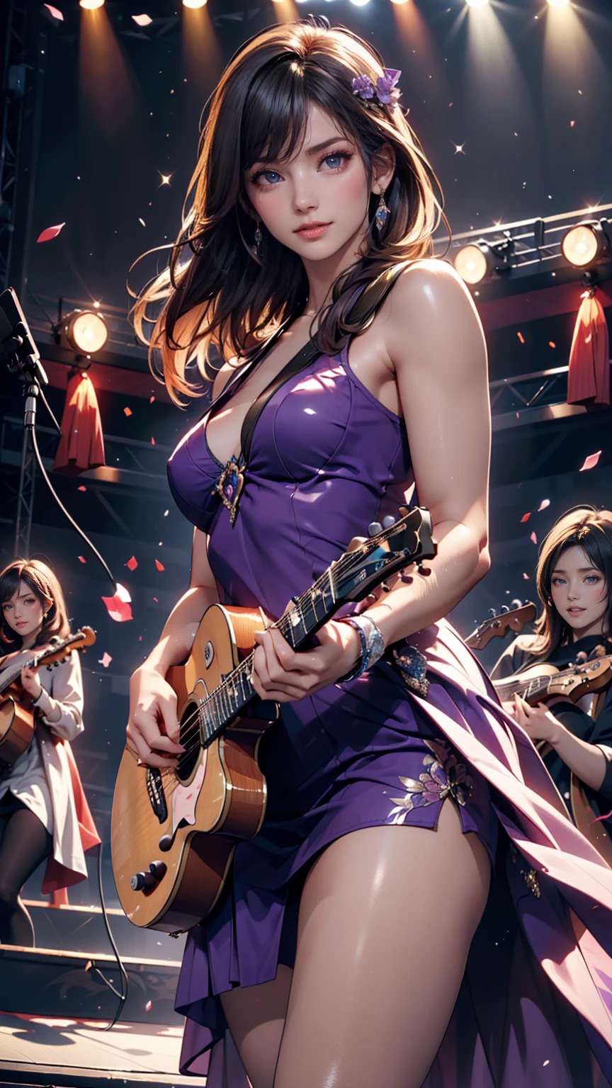 Highest quality,masterpiece,Ultra-high resolution,(Photo realistic:1.4),One Girl,View your audience,Japanese women,garter belt、Garter Stockings、punk、Three Women、Rock Live、Electric guitar、base、drum