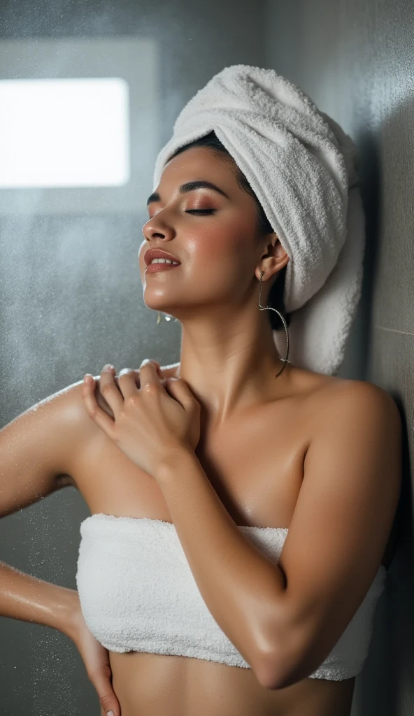 ultrarealistic hires long shot photo of a nude 30-year-old sai pallavi woman,nipple show pussy show, showering in bathroom,wet sai pallavi, realistic skin texture, looking looking at camera, 